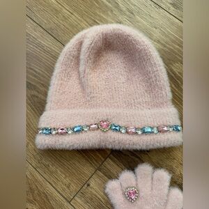 Super smalls Pink Bejeweled Kids Beanie and Glove Set